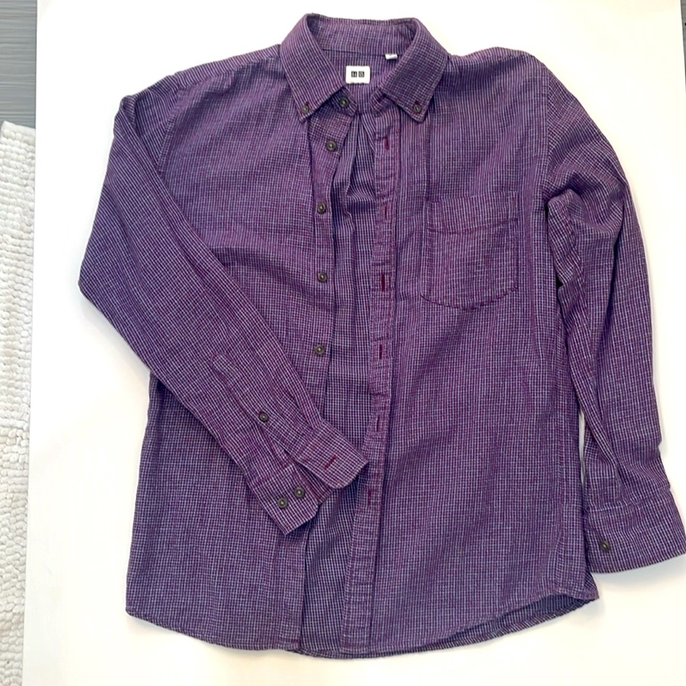Purple button up Uniqlo shirt.